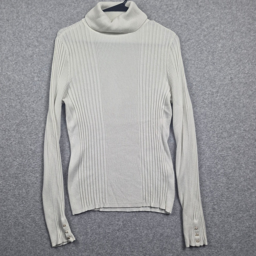 White House Black Market Turtleneck Sweater Womens L White Ribbed Button Cuff